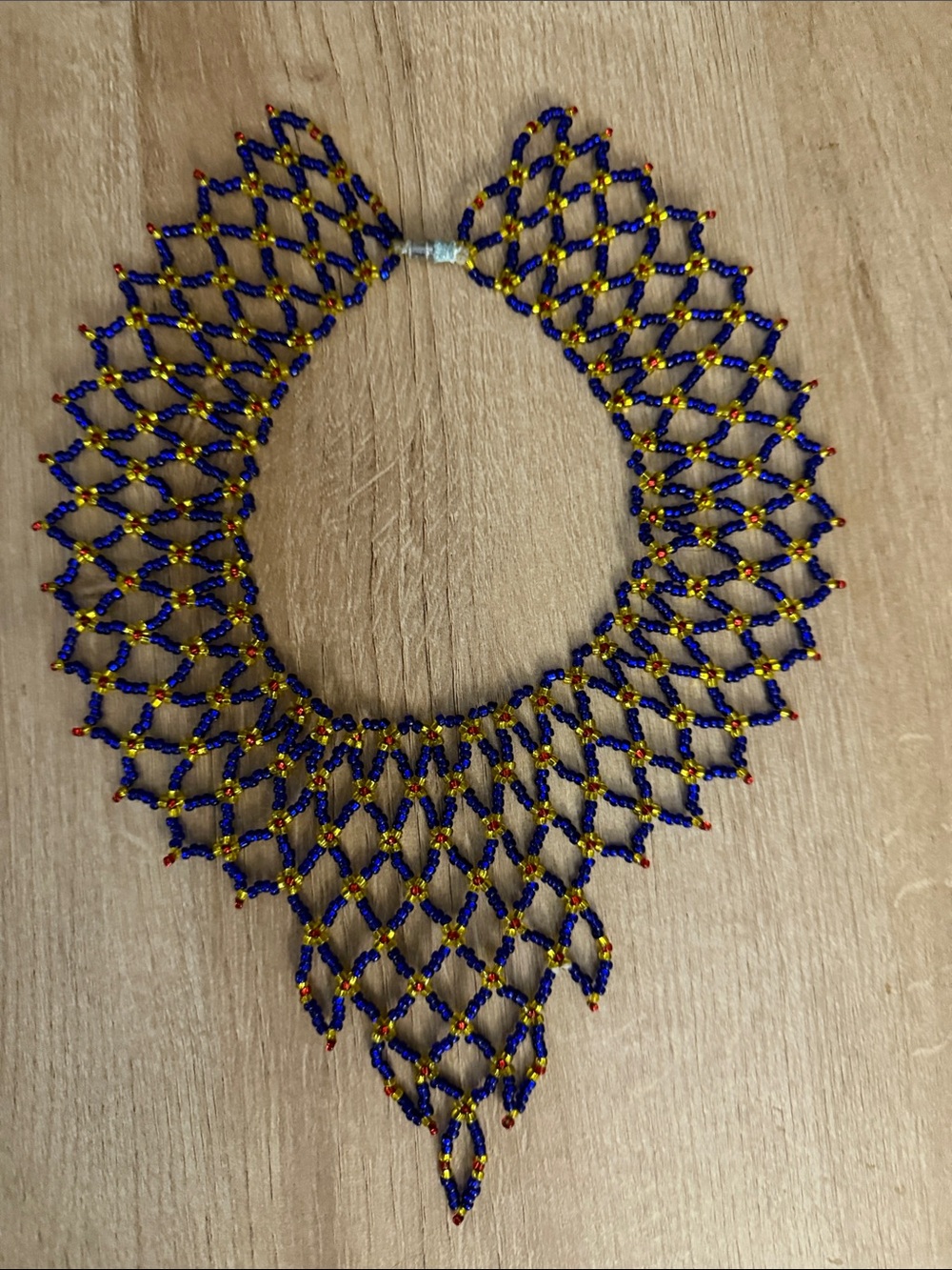 Statement Beaded Necklace in Blue, Red and Gold- Native American Handmade